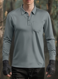 Detail of grey tactical long-sleeve polo shirt with breathable fabric and chest pocket