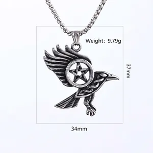 Vintage stainless steel eagle and pentagram pendant with chain, weight 9.79g, size 37x34mm