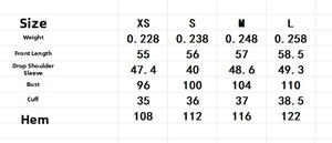 Detailed sizing chart for lace panel shirt with chest, length, and weight specifications