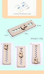 Macro view of wooden dinosaur slider toy with dimensions 18x5.5cm and adhesive stickers