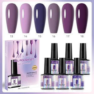 Detail of 6-color UV LED gel polish set featuring lavender and indigo shades with packaging