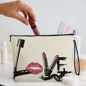 Off-white canvas makeup bag with LOVE print and zipper closure for cosmetics