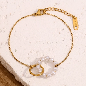 18K gold plated stainless steel double ring chain bracelet with white pearls