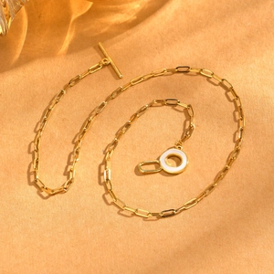 Gold stainless steel square chain necklace with shell circle pendant and OT buckle