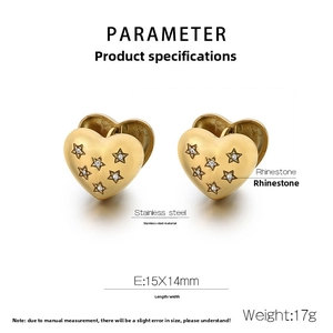 Detail of 15x14mm heart earrings in 18K gold plated steel with star-set crystals