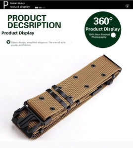Detail of khaki tactical nylon belt featuring durable plastic buckle and double row eyelets