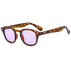 Retro round tortoise sunglasses with purple lenses and silver rivet detail on frame