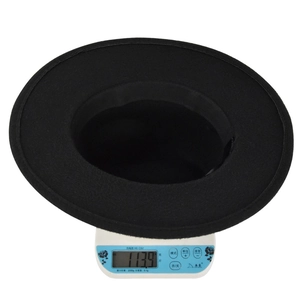 Detailed weight measurement showing the black vintage fedora hat weighing 113.9 grams