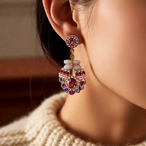 Detail of vintage gold-tone drop earrings with red gemstones on knit sweater background