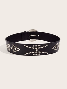 Detail of wide black PU leather belt with silver rivets and geometric stud patterns