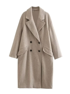 Detailed view of the classic notched lapel and double-breasted buttons on a wool coat