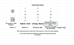 Detailed size guide table for women's knit cardigan with measurements in S, M, and L