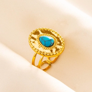 Close-up of gold 304 stainless steel ring featuring a textured turquoise stone inlay