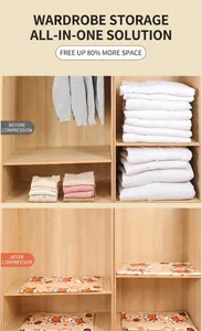 Visual comparison of vacuum storage bags before and after compression in a wardrobe