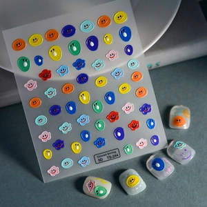 5D Relief Nail Art Stickers Colorful Smiley Faces Clouds Daisies Cute Cartoon Embossed Self-Adhesive Waterproof Manicure Decor