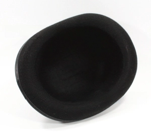 Top-down view of a classic black felt top hat for kids showing its smooth round crown finish