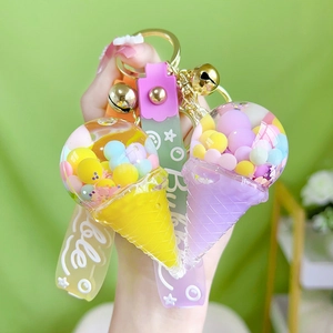 Luminous acrylic ice cream keychain with floating beads and colorful silicone bubble strap