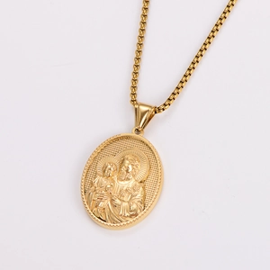 Detailed relief of Saint Joseph holding baby Jesus on a gold oval pendant necklace