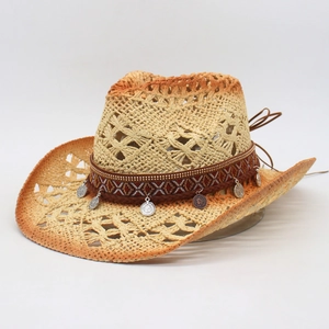 Hand-woven ethnic straw cowboy hat with hollow-out design and decorative coin charms