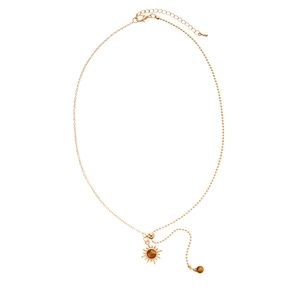 Vintage gold sunflower necklace with tiger eye stone and adjustable pull chain for women