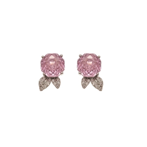Elegante Ohrstecker mit rosa Zirkonia-Blume und silbernem Blattdesign für Damen