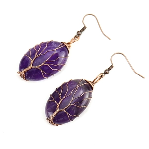 Handmade wire-wrapped amethyst tree of life earrings in vintage copper finish