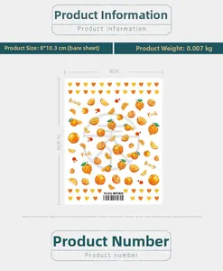 Detail shot of self-adhesive nail stickers featuring orange fruit patterns and text