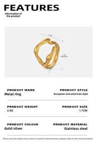 Detailed specs for 18K gold plated irregular stainless steel ring with 1.7cm adjustable size