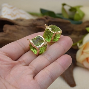 Green resin cube pendant with gold plated edges for DIY jewelry making and crafts