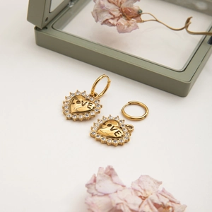 18K gold stainless steel heart earrings with white crystals and LOVE engraving