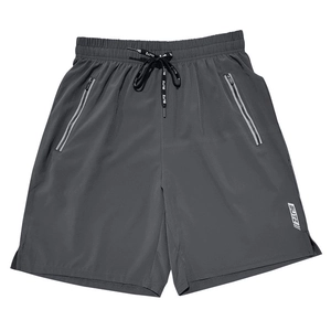 Detail of dark grey quick-dry sports shorts with zipper pockets and logo drawstring