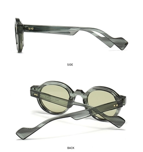 Detail view showing side and back profiles of vintage polygon sunglasses with CE mark