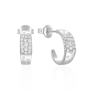 Detailed view of 925 silver C-shape earrings with pave star-like cubic zirconia stones
