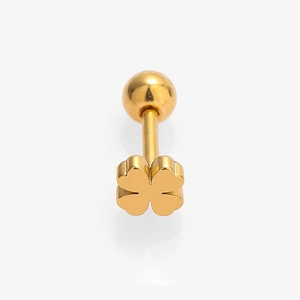 Macro detail of gold four-leaf clover cartilage earring with screw back ball closure