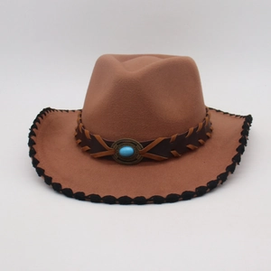 Brown wool felt western cowboy hat with ethnic braided leather band and turquoise stone