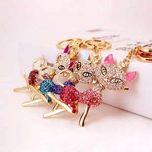Creative cute cat crystal keychains with gold metal and rhinestones in four colors