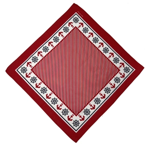 Red 100% cotton bandana featuring classic anchor, nautical wheel and striped patterns