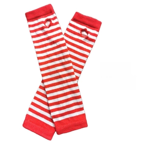Detail of red and white fine striped knitted arm warmers with thumb hole design