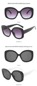 Front and 45-degree views of oval sunglasses in black and black-white frames with gray lenses