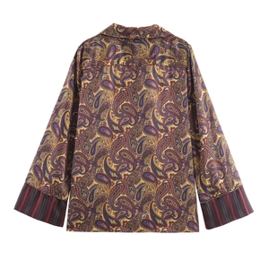 Back view of paisley print long sleeve shirt with vintage patterns and silk-like texture