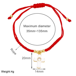 Adjustable red string bracelet with 18k gold cross pendant and detailed dimensions
