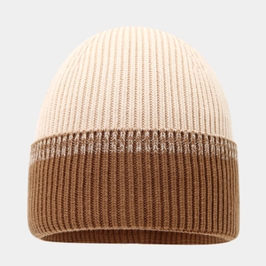 Knitted winter beanie with two-tone ribbed design in beige and dark brown colors