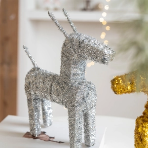 Sparkling silver glitter reindeer Christmas decoration with iron frame and warm lights