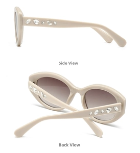 Detailed side and back views of beige oval sunglasses featuring sparkling rhinestones