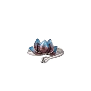 Elegant silver lotus koi fish ring with blue-purple enamel finish and open band design