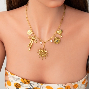 Stainless Steel Multi Charm Necklace 18K Gold Plated With Faux Artificial Pearl And Evil Eye Vintage Tarot Style For Women
