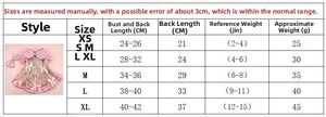 Size chart table for lolita style floral pet dress from XS to XL with specific measurements