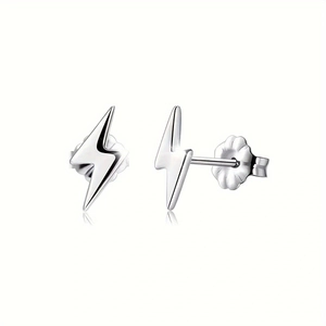 Detailed view of lightning bolt stud earrings in polished silver stainless steel