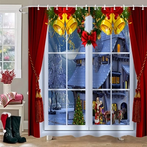 Christmas themed waterproof polyester shower curtain with 3D window and Santa print