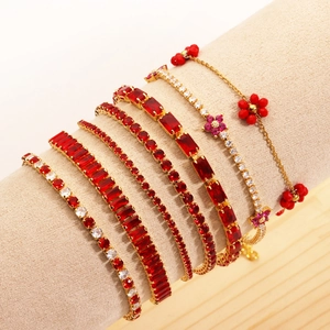 Red White Cubic Zirconia Tennis Bracelet For Women Gold Plated Brass Adjustable Bolo Chain Luxury Flower Jewelry